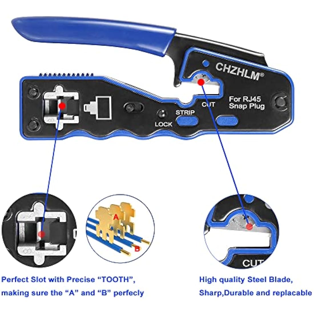 CHZHLM RJ45 Pass Through Crimping Tool Kit with Cable Tester and 50 Connectors