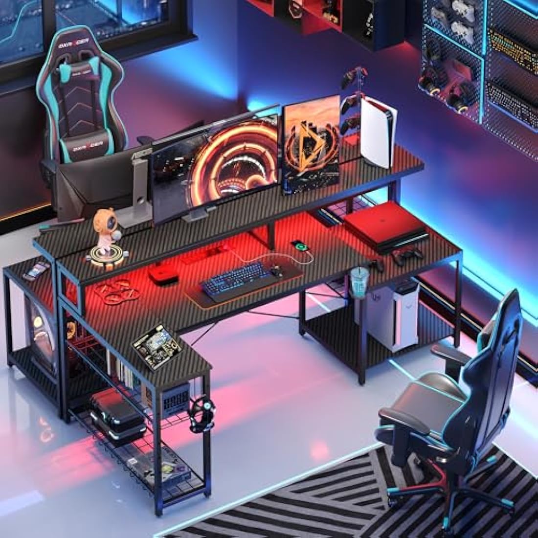Bestier L-Shaped Gaming Desk with RGB LED Lights and Power Outlets