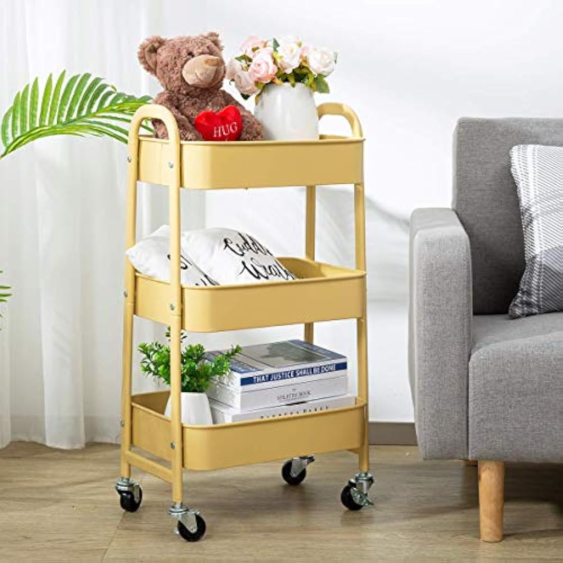 DOEWORKS 3-Tier Metal Rolling Utility Cart – Slim Storage Trolley, Khaki