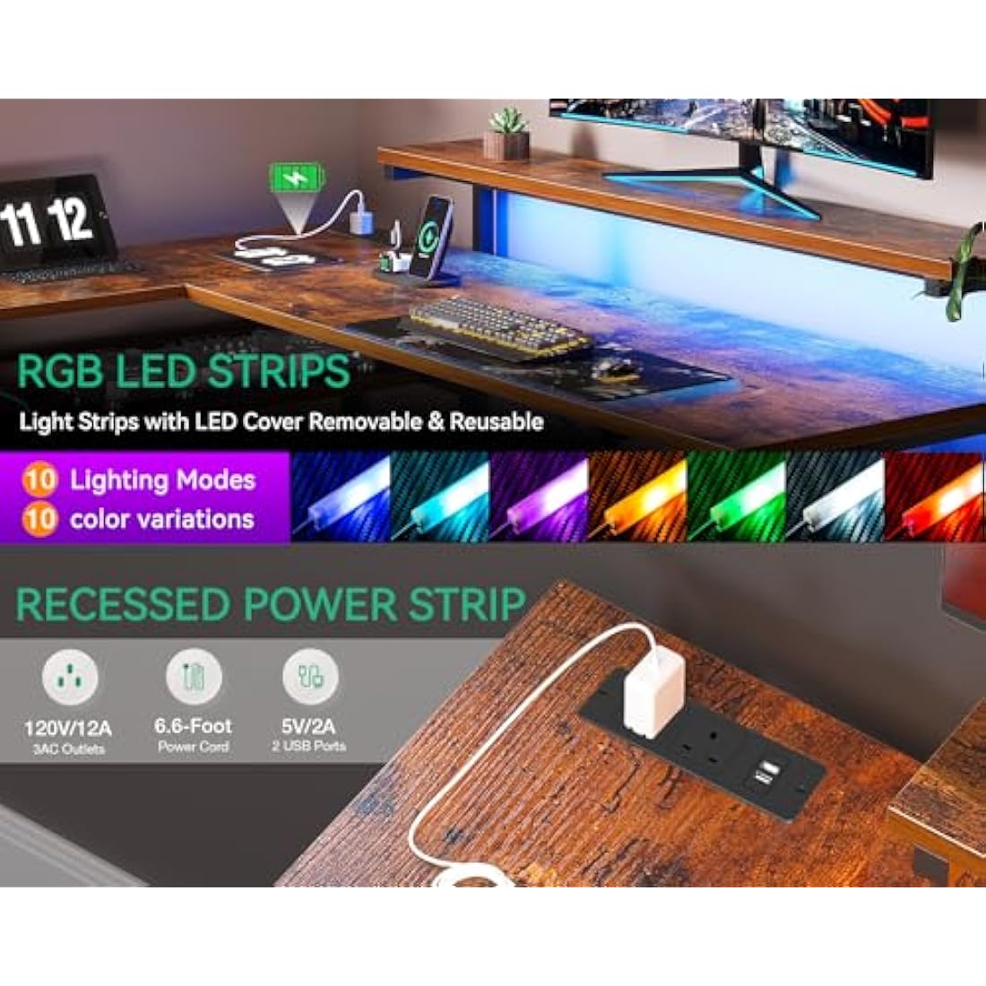 ODK L-Shaped Corner Gaming Desk with LED Lights & Drawers, Vintage