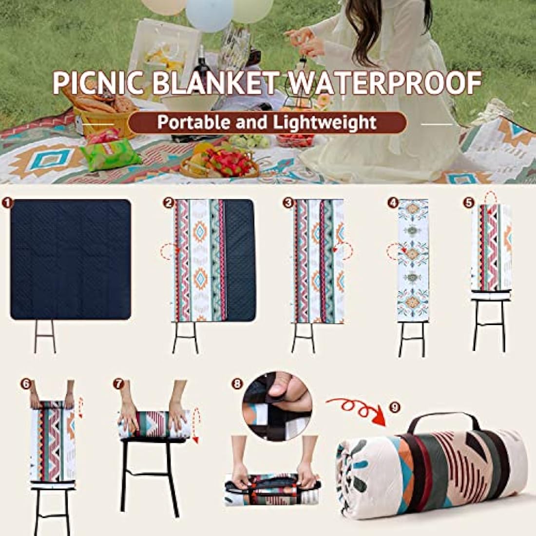 LARUTAN Waterproof Picnic Blanket | 200x200CM Large Sandproof Beach Mat
