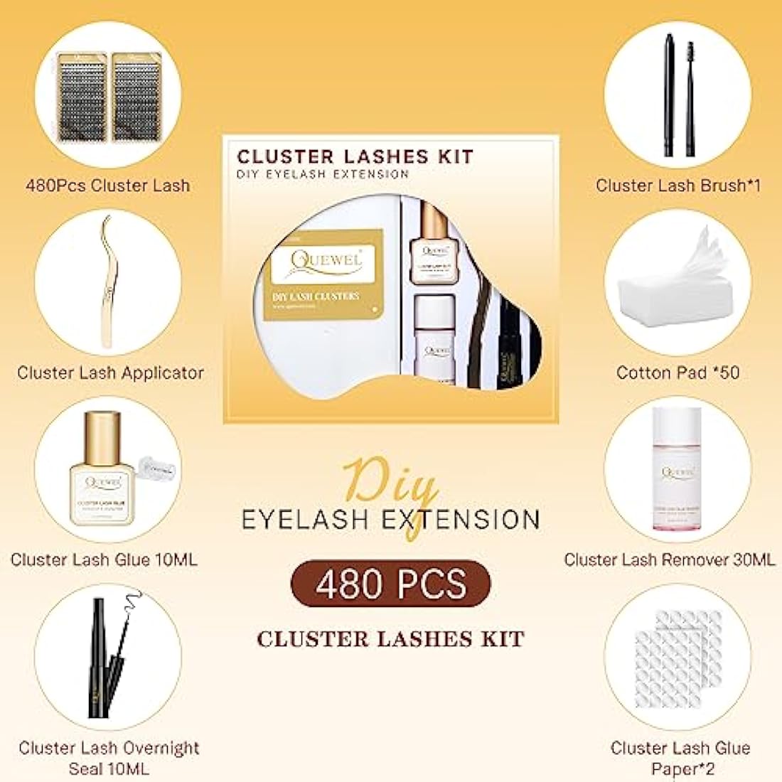 QUEWEL DIY Lash Extensions Kit - 480 Cluster Lashes with Glue & Applicator