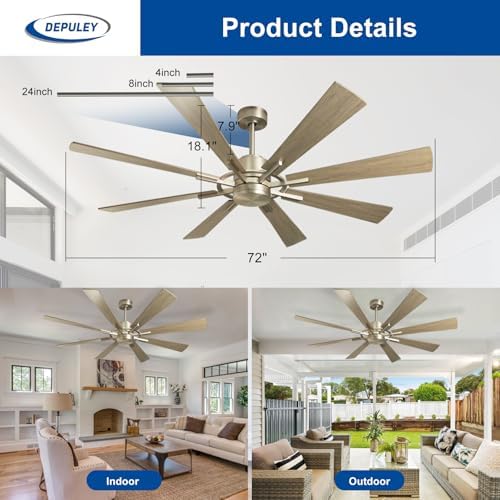 Depuley 72 Inch Large Outdoor Ceiling Fan | 8-Blade Quiet DC Motor