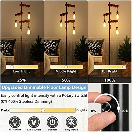 Rayofly Industrial Dimmable 3-Light Tree Floor Lamp – Wood & Metal
