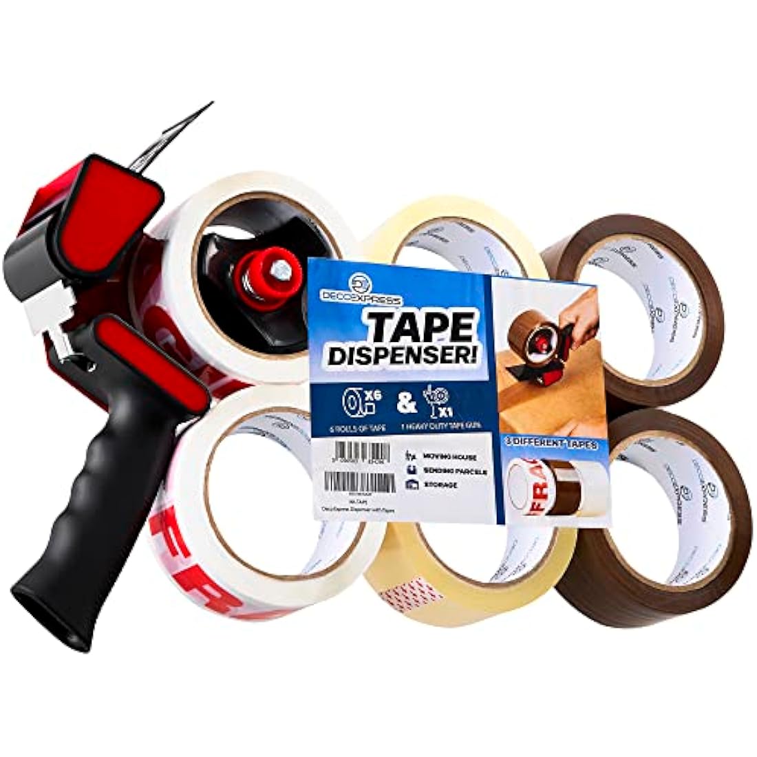 Deco Express Packing Tape Dispenser Gun with 6 Heavy Duty Rolls