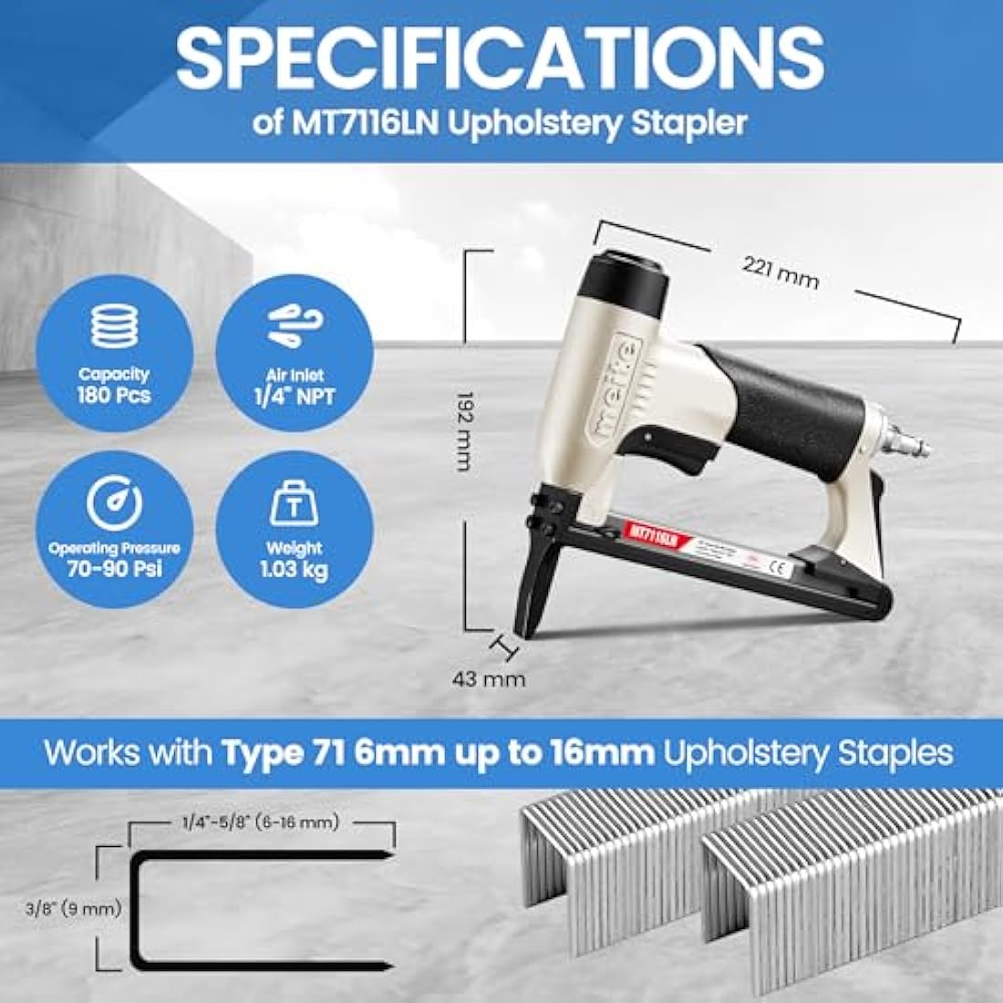Meite MT7116LN Long Nose Air Stapler | 22 Gauge Type 71 Upholstery Gun