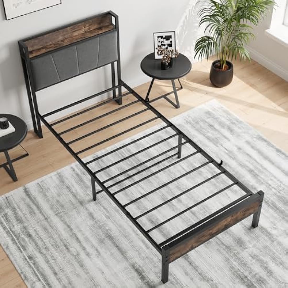BORPHOM 3ft Single Metal Bed Frame with Storage Headboard & Upholstery