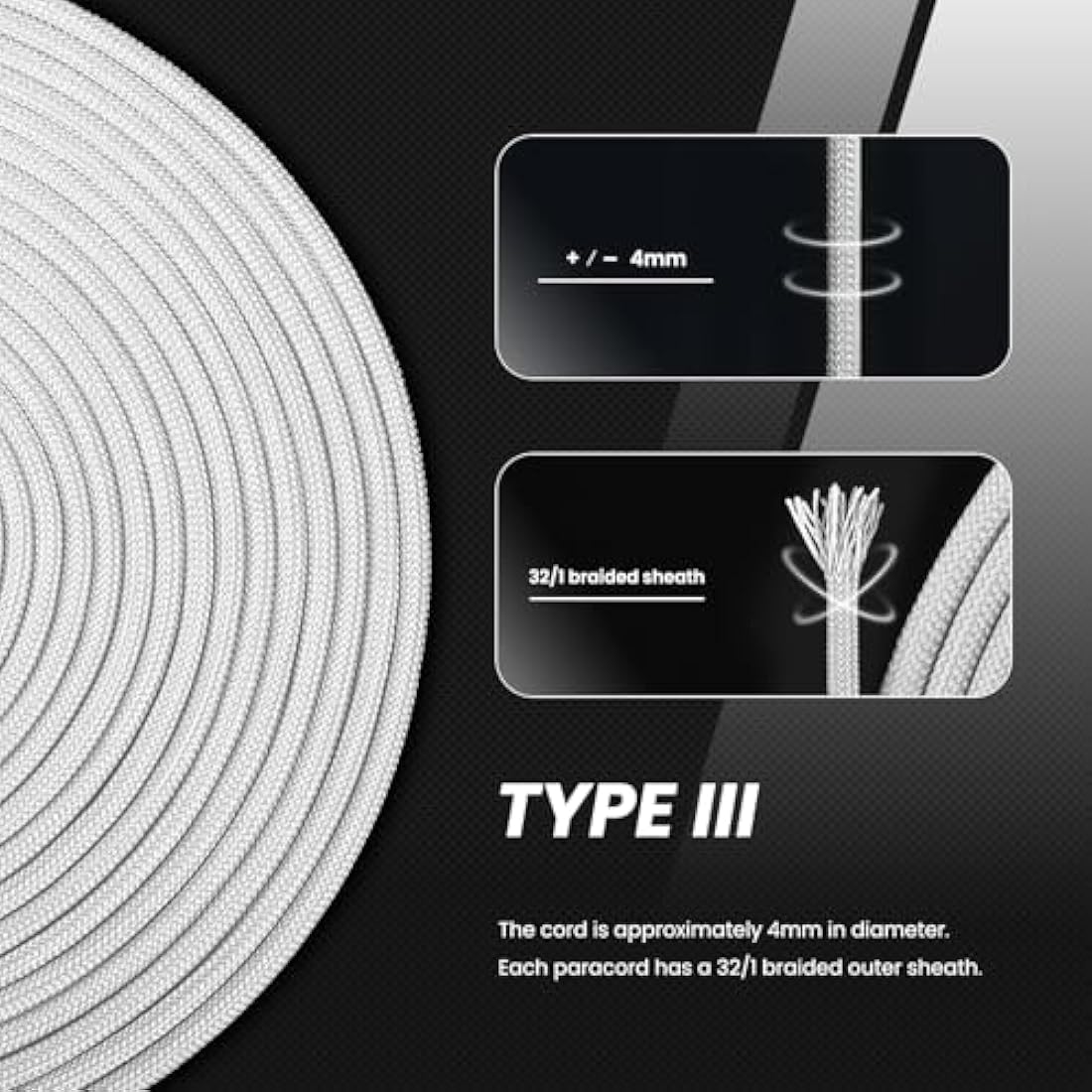 Abma Cord 550 Paracord – 100m Type III 7-Strand Nylon Rope, White