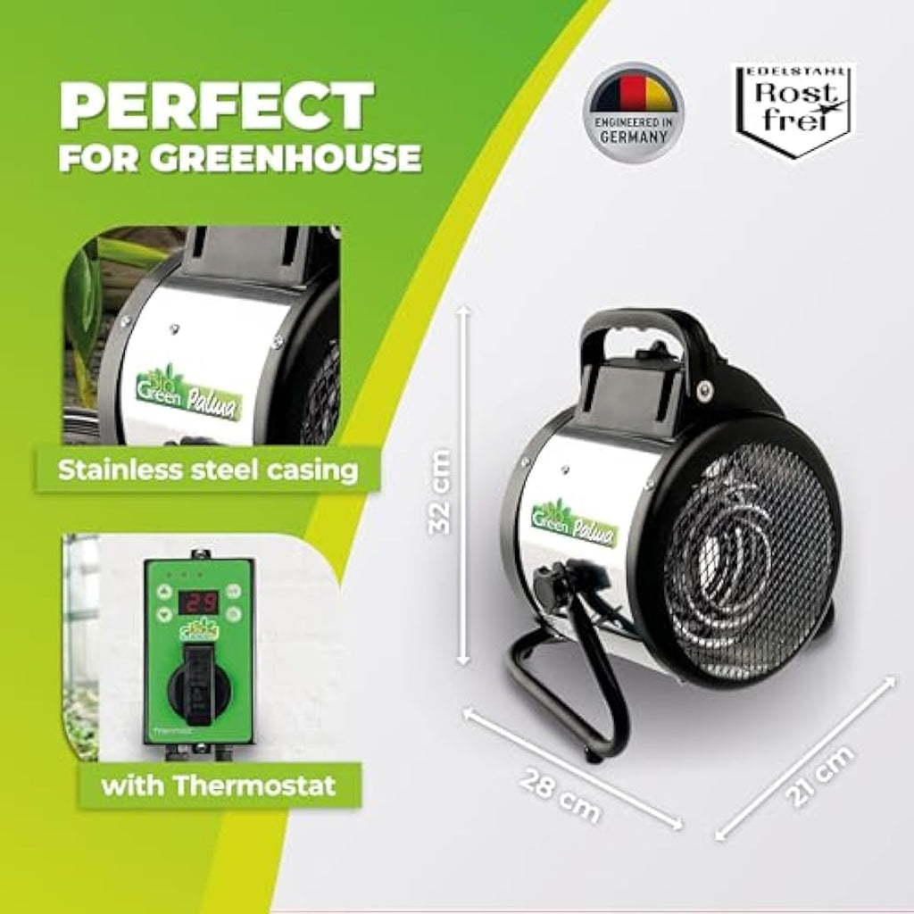 Bio Green Palma 2.0 Greenhouse Heater | 2KW Stainless Steel & Thermostat