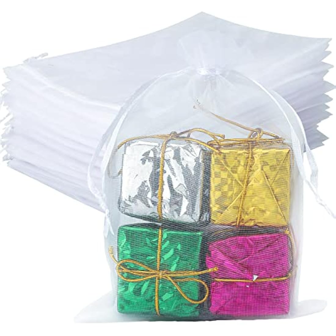 G2PLUS White Organza Gift Bags - 100 PCS Mesh Jewelry Pouches (13x18cm)