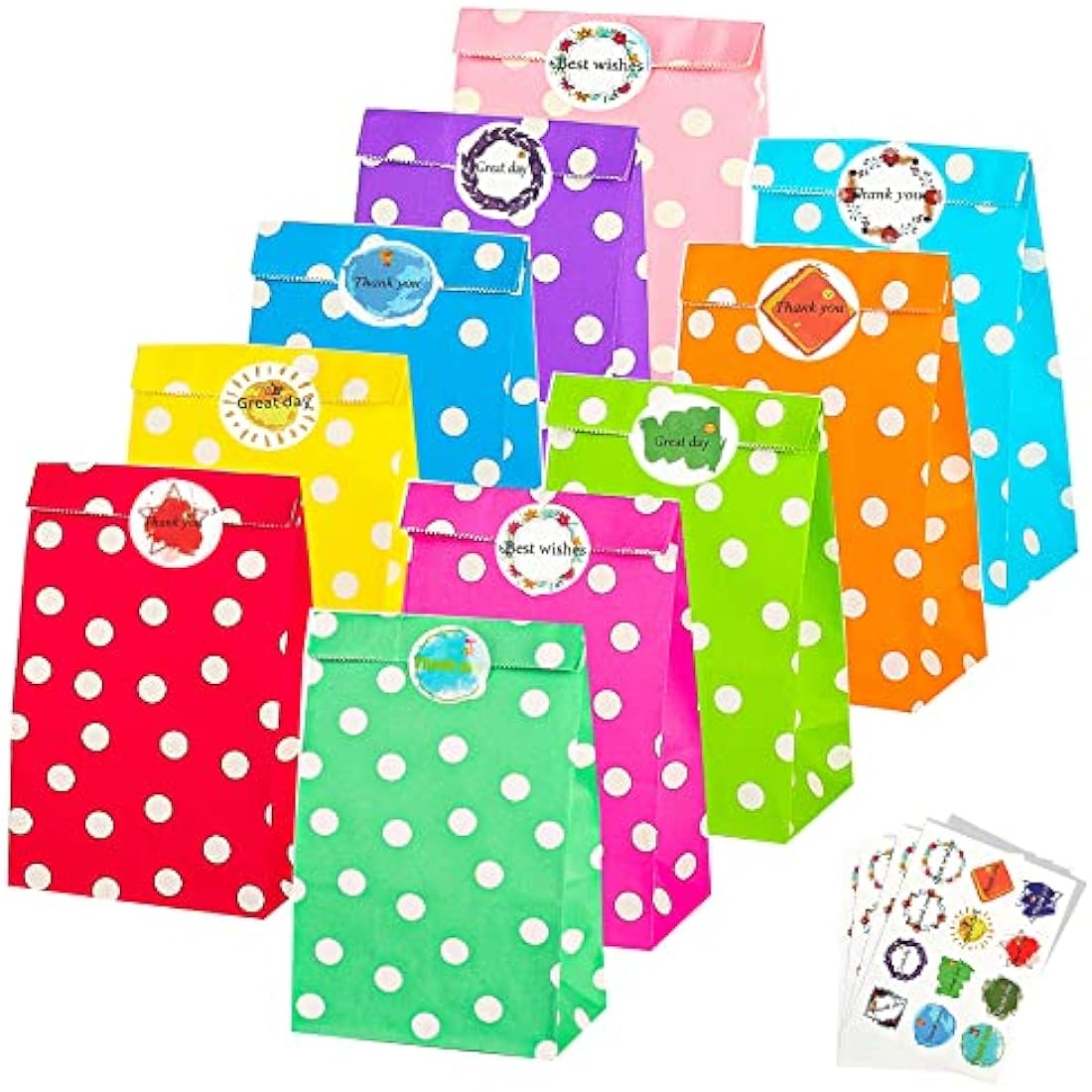 TOOELMON 50pcs Kraft Paper Party Bags with Stickers – Dots Goodie Treat Bags