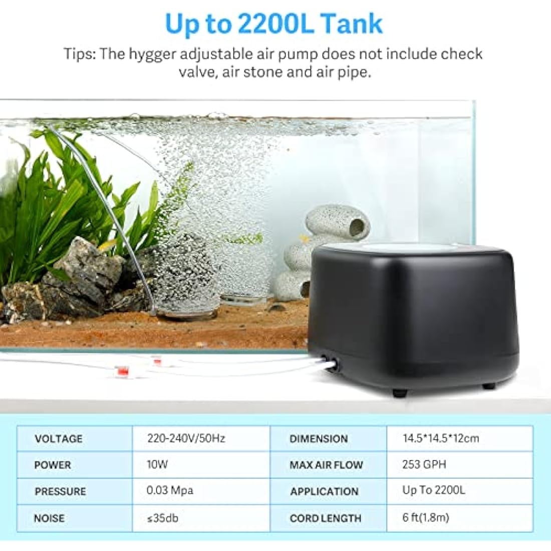 Hygger Ultra Silent Aquarium Air Pump | 10W Dual Outlet for 2200L Tanks