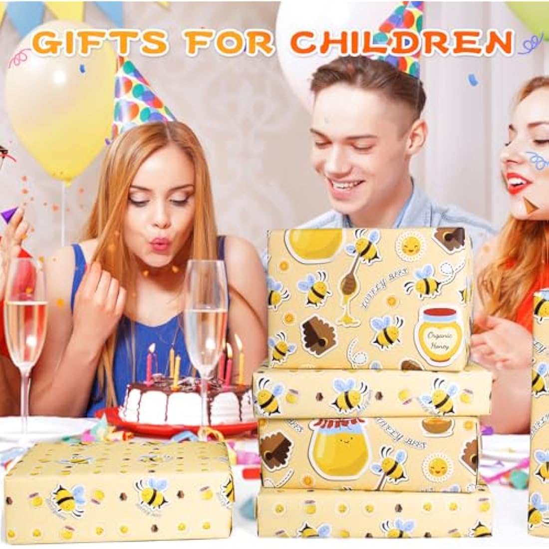 Bee Birthday Wrapping Paper - 4 Recycled Sheets with Tags