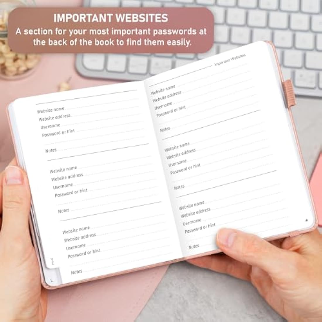 GoGirl Password Book with Alphabetical Tabs – Rose Gold Logbook