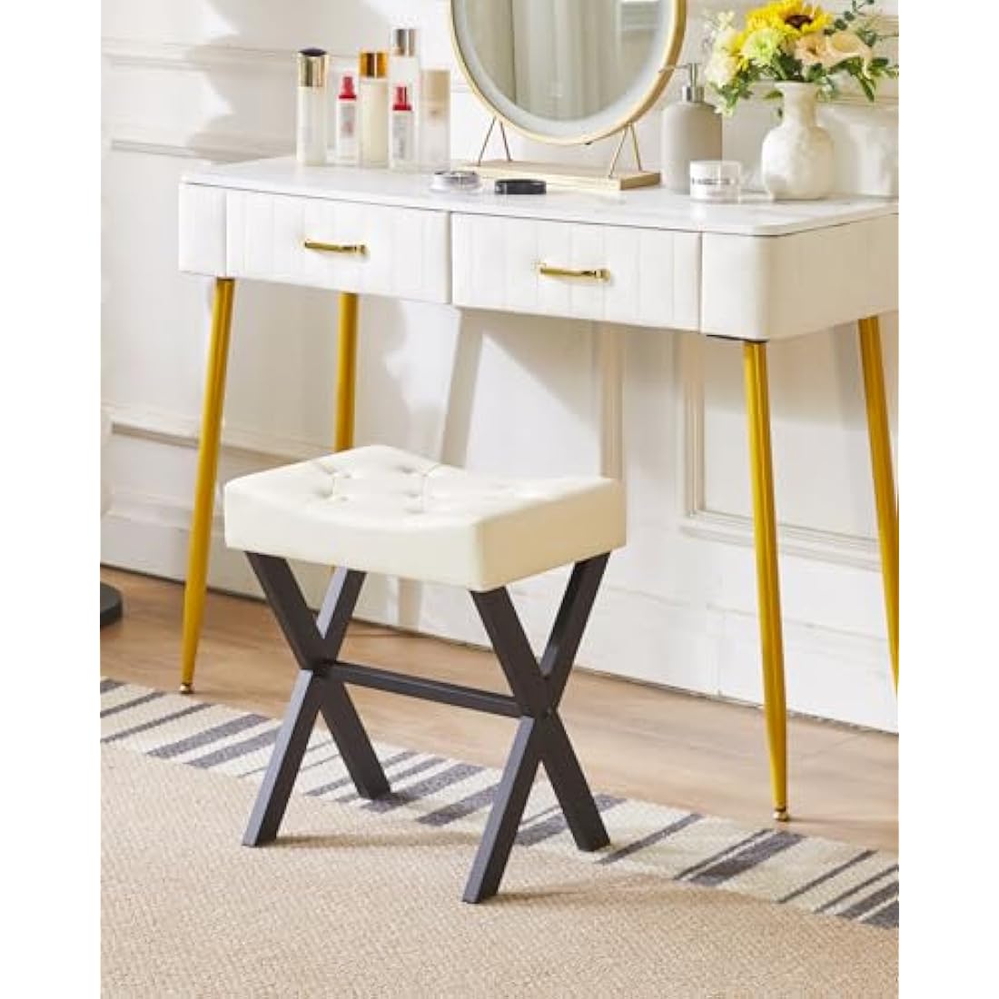 IBUYKE U-Shaped Vanity Stool | White PU Leather Makeup Ottoman with X-Leg