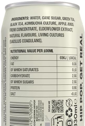 Hip Pop Apple & Elderflower Kombucha – Vegan Gut Health Drink, 24 x 330ml