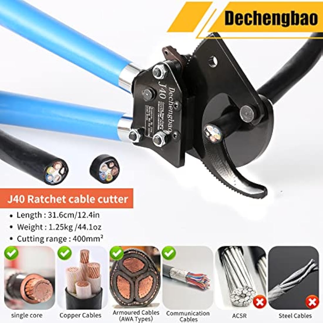 Dechengbao J40 Ratchet Cable Cutter – Heavy Duty 400mm² Copper Wire Tool