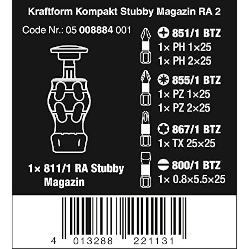 Wera Kraftform Kompakt Stubby Ratchet Screwdriver with 6-Piece Bit Magazine