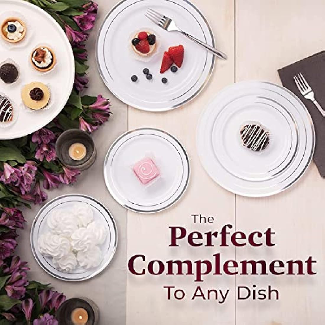 LATERN 60Pcs Silver Rim Plastic Dinnerware Set | Reusable Party Plates