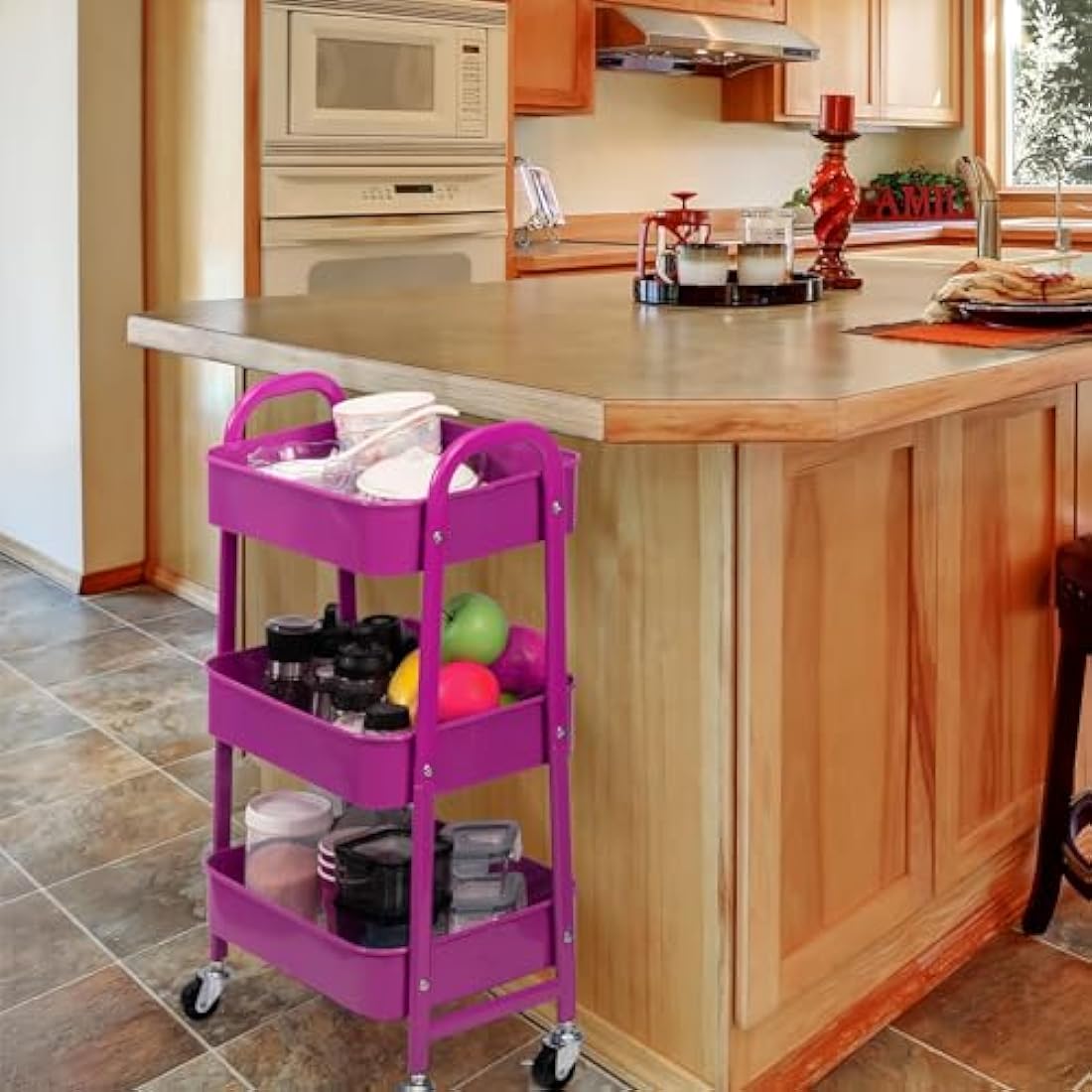 DOEWORKS 3-Tier Metal Rolling Utility Cart - Slim Storage Trolley, Purple