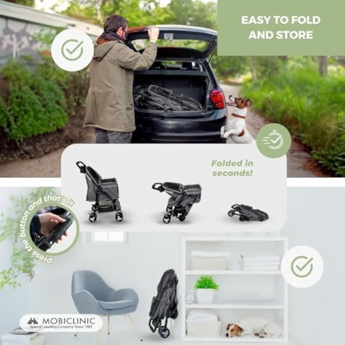 Mobiclinic Zuma Foldable Dog Pram - 15kg Pet Stroller with 360° Wheels
