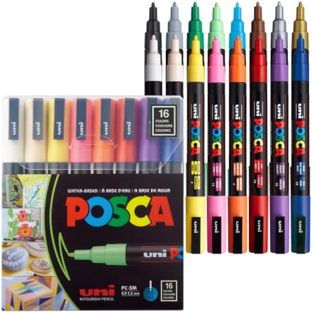 Uni-Ball POSCA Marker Set - 16 Basiskleuren - Fijne Ronde Punt PC-3M