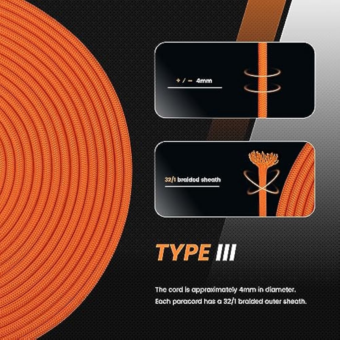 Abma Cord 4mm Nylon Paracord – 100m Type III 9-Strand Rope, Orange