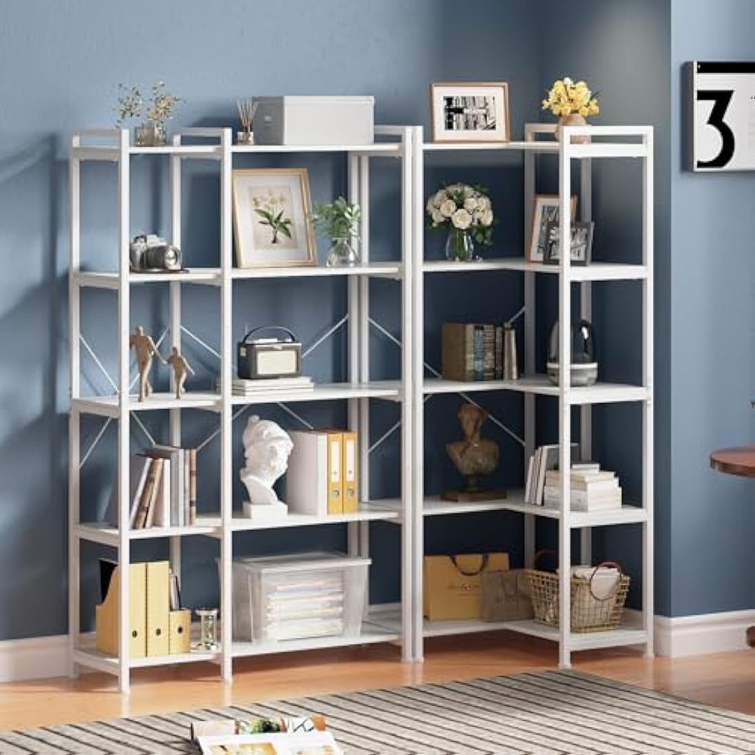 VEDECASA 5-Tier Corner Bookshelf – L-Shaped Industrial Display Rack, White