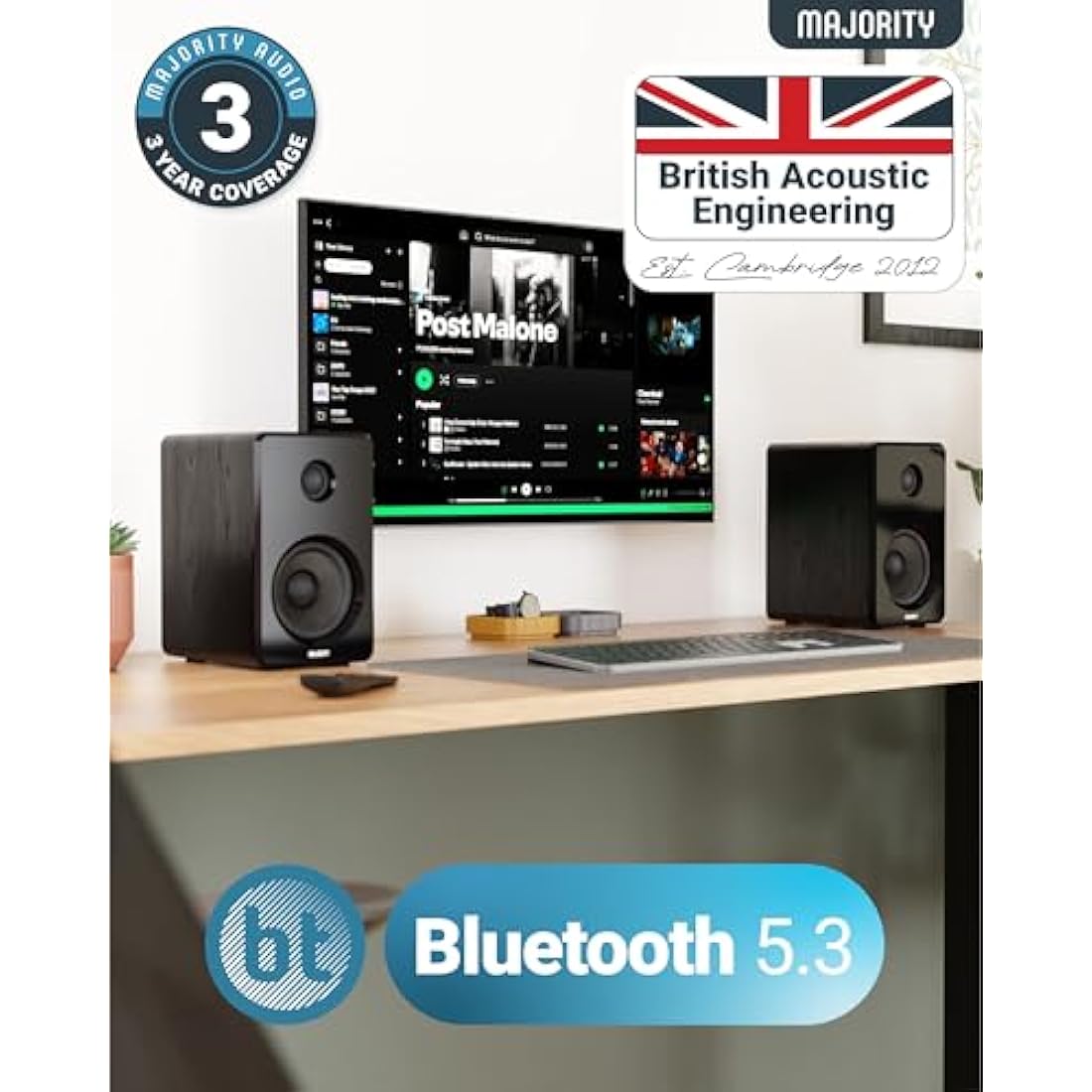 Majority D40 Bluetooth Bookshelf Speakers | 60W Powered HiFi Studio Monitors