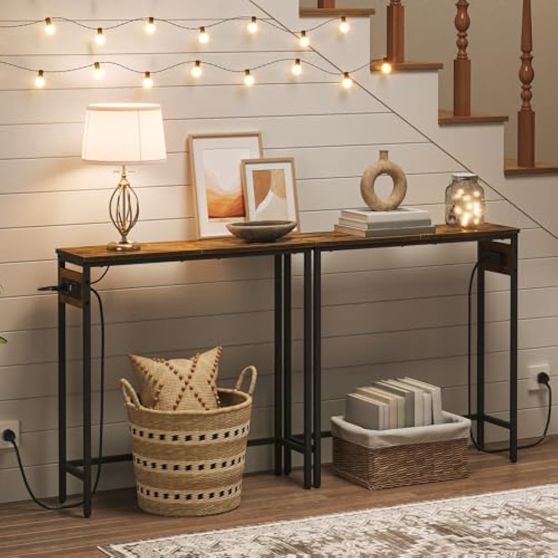 HOOBRO Slim Console Table with Charging Station | Narrow Industrial Sofa Table