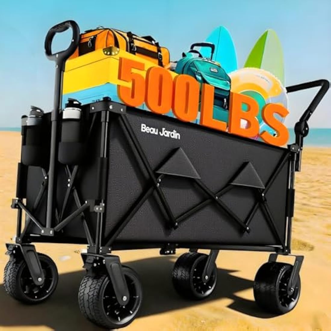 BEAU JARDIN Heavy Duty Folding Wagon | 500lbs All-Terrain Beach Cart
