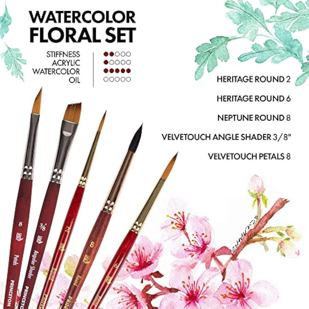 Princeton Watercolor Floral Brush Set | 5 Synthetic Short Handle Brushes