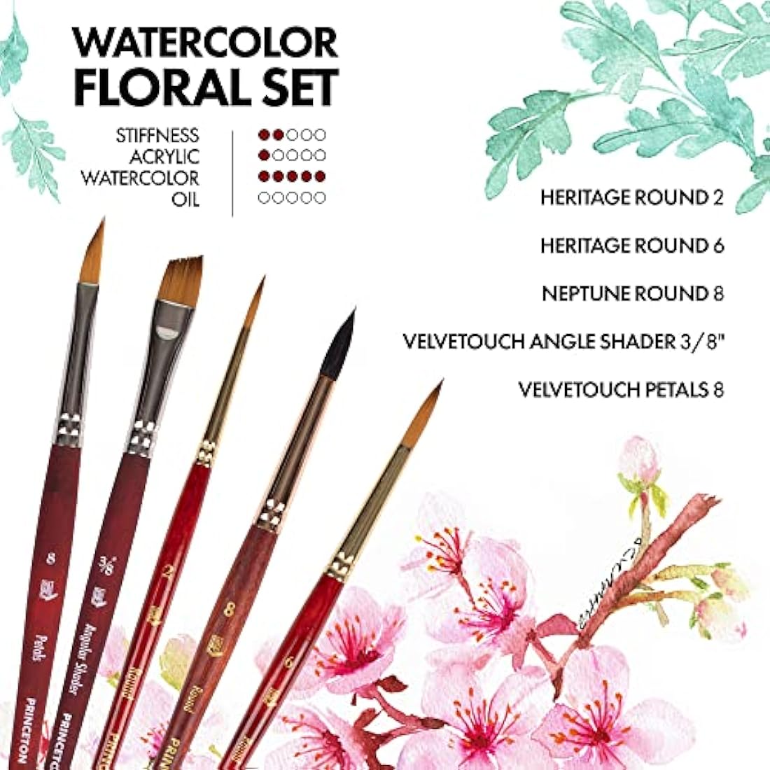 Princeton Watercolor Floral Brush Set | 5 Synthetic Short Handle Brushes