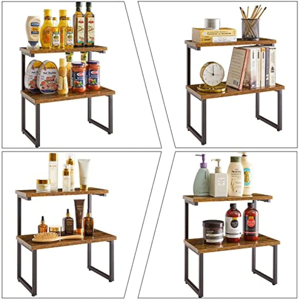 IBUYKE 2-Tier Spice Rack – Rustic Wood & Metal Kitchen Countertop Organizer