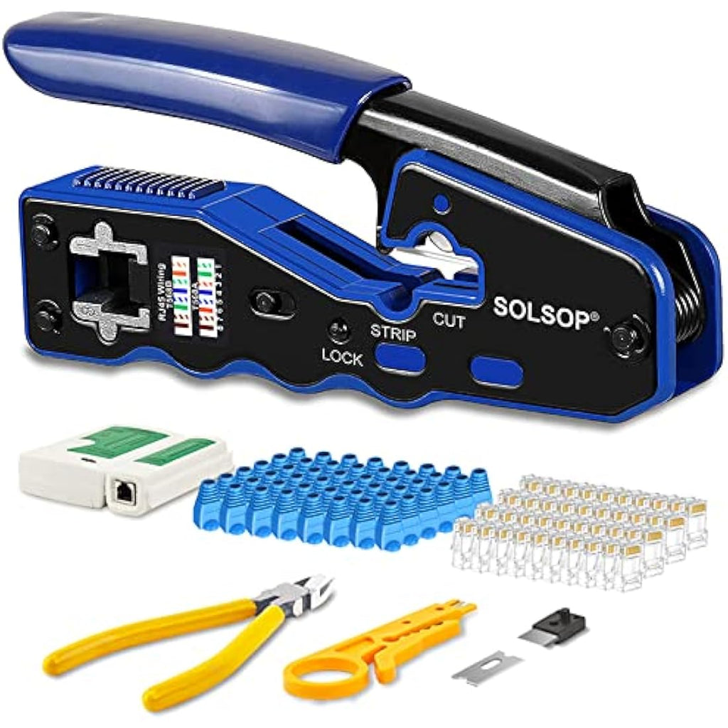 Solsop RJ45 Pass Through Crimping Tool Kit with Cable Tester and 50 Connectors