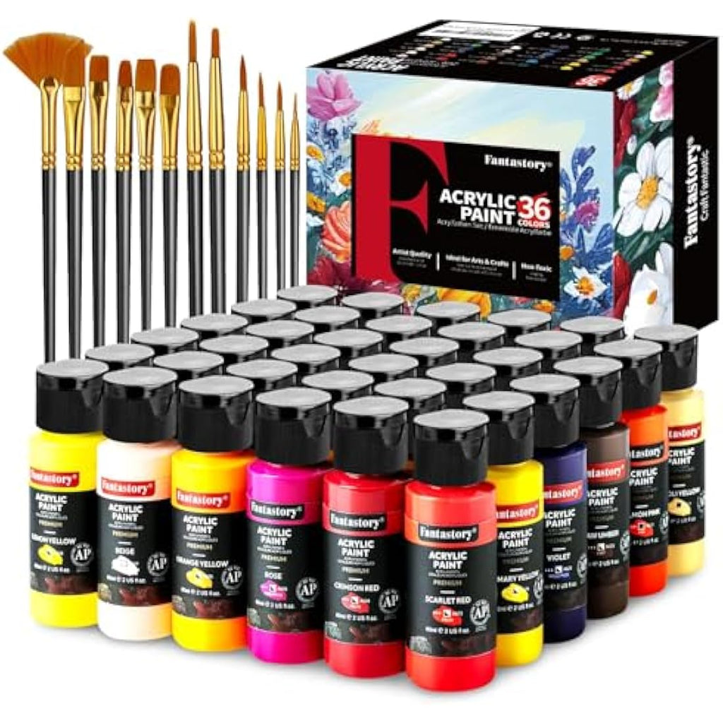 Fantastory Acrylic Paint Set - 36 Colors with 12 Brushes for Canvas & Wood