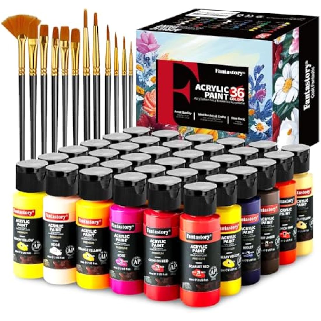 Fantastory Acrylic Paint Set - 36 Colors with 12 Brushes for Canvas & Wood