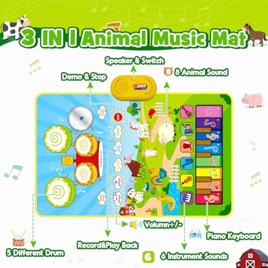HappyGoLucky 3-in-1 Musical Piano Drum Mat - Interactive Toddler Toy