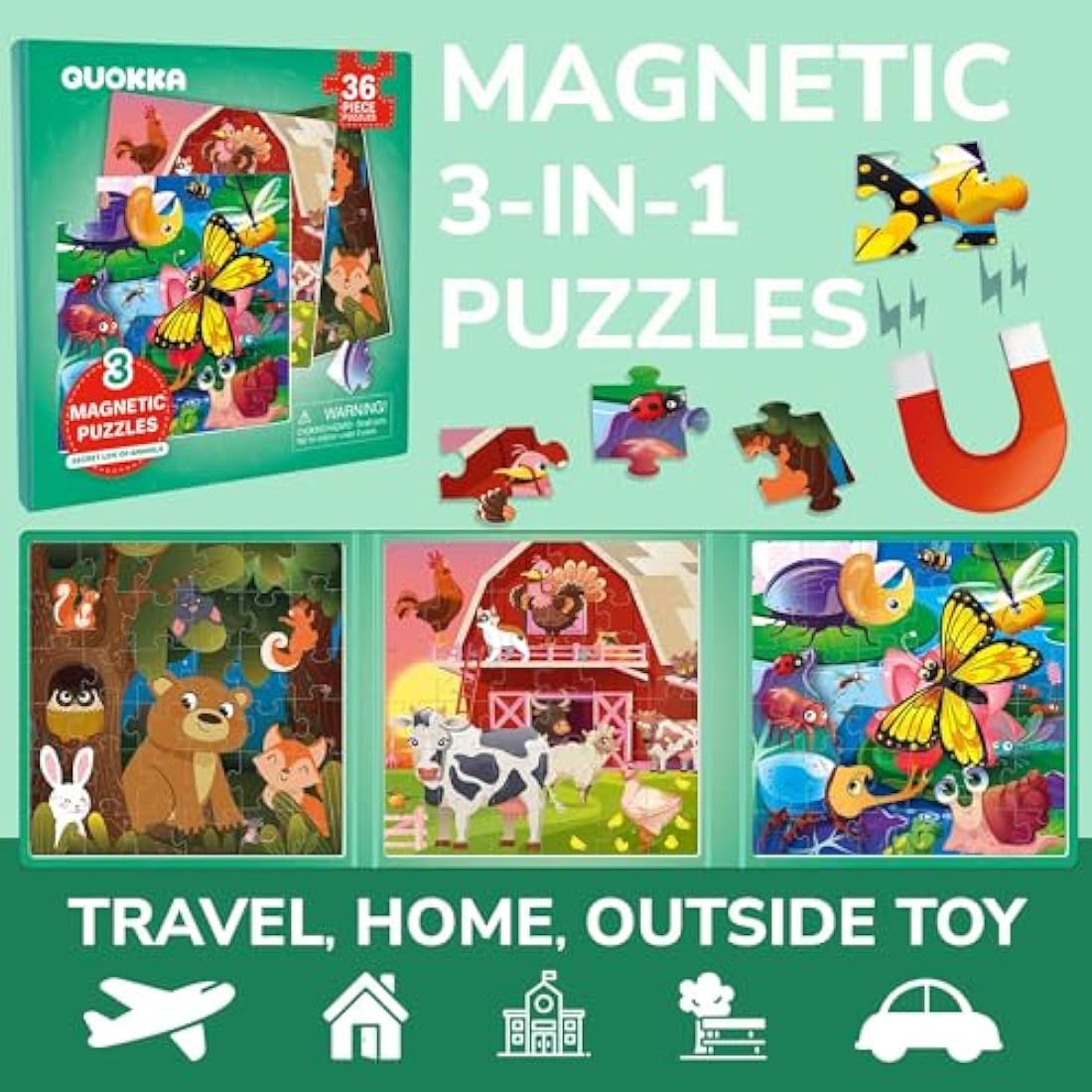QUOKKA Magnetic Farm Animal Puzzles | 36pc Travel Toy for Kids Ages 3-5
