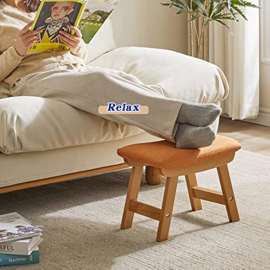 Jolof Store Wooden Footstool – Padded Beech Wood Ottoman with Removable Cover