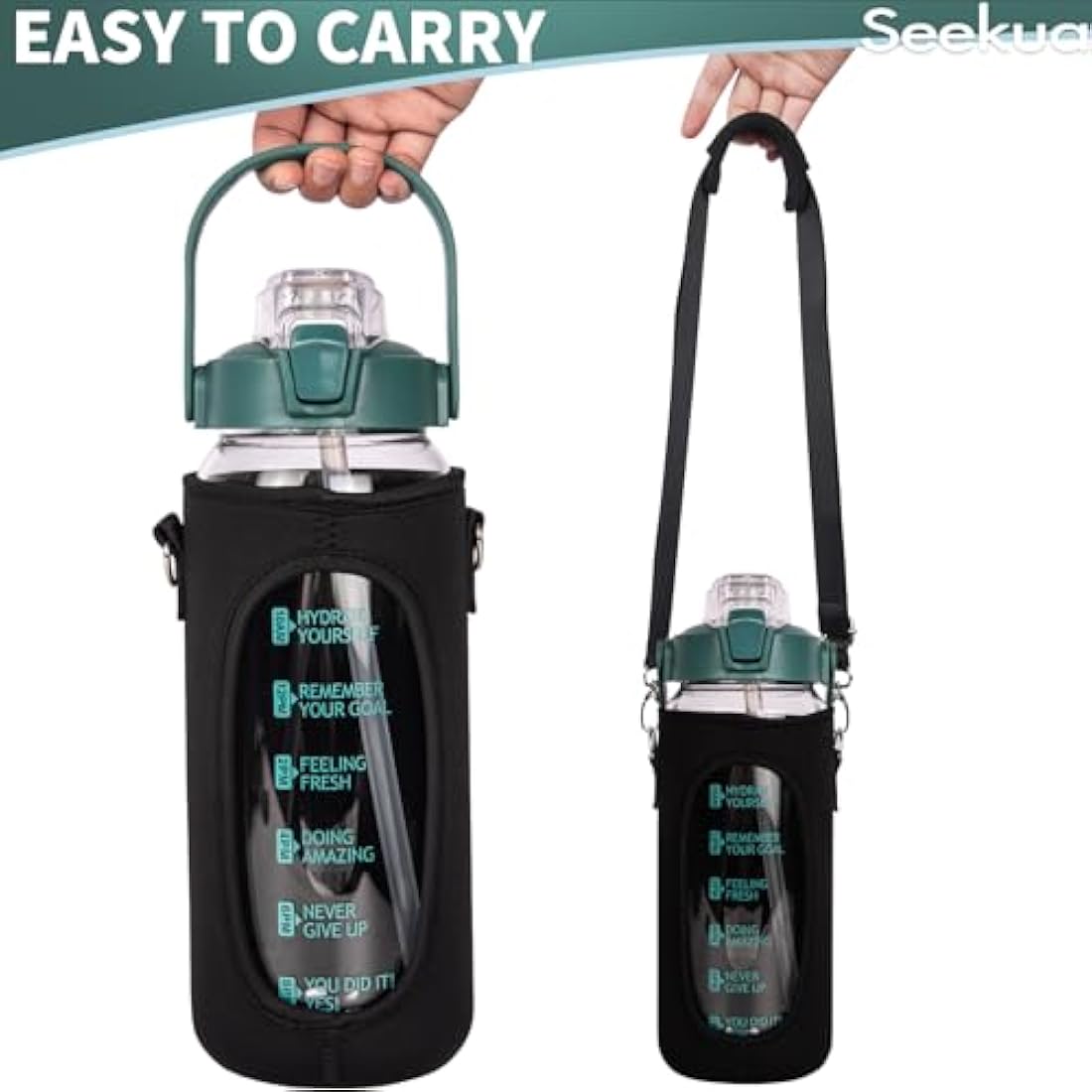 Seekua 2L Glass Water Bottle with Straw | Motivational Time Markings