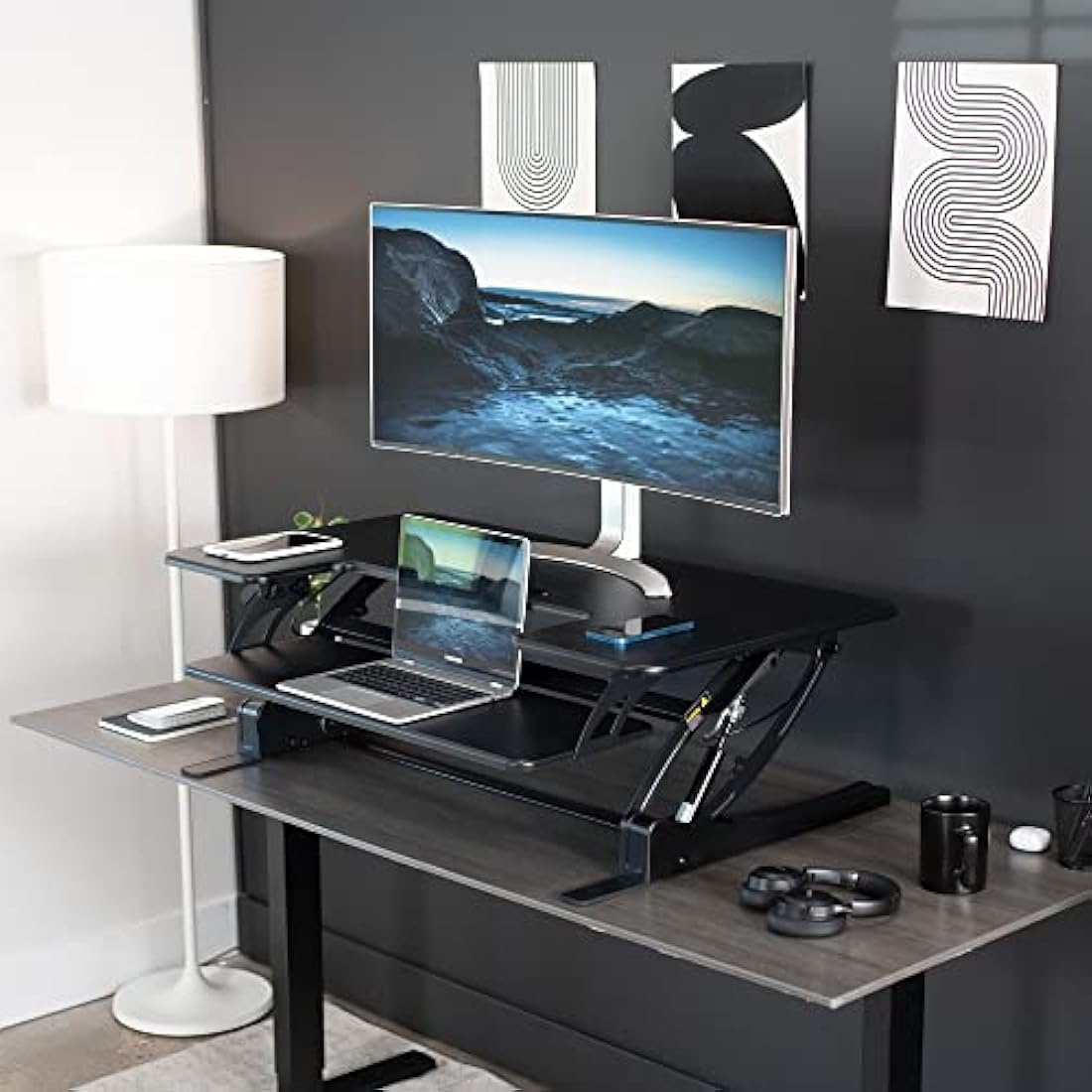 VIVO 107cm Standing Desk Converter | Dual Monitor Riser - Black