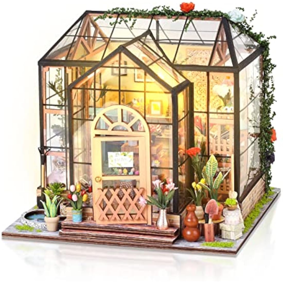 Cuteefun DIY Miniature Greenhouse Kit - 1:24 Scale Wood Dollhouse with LED