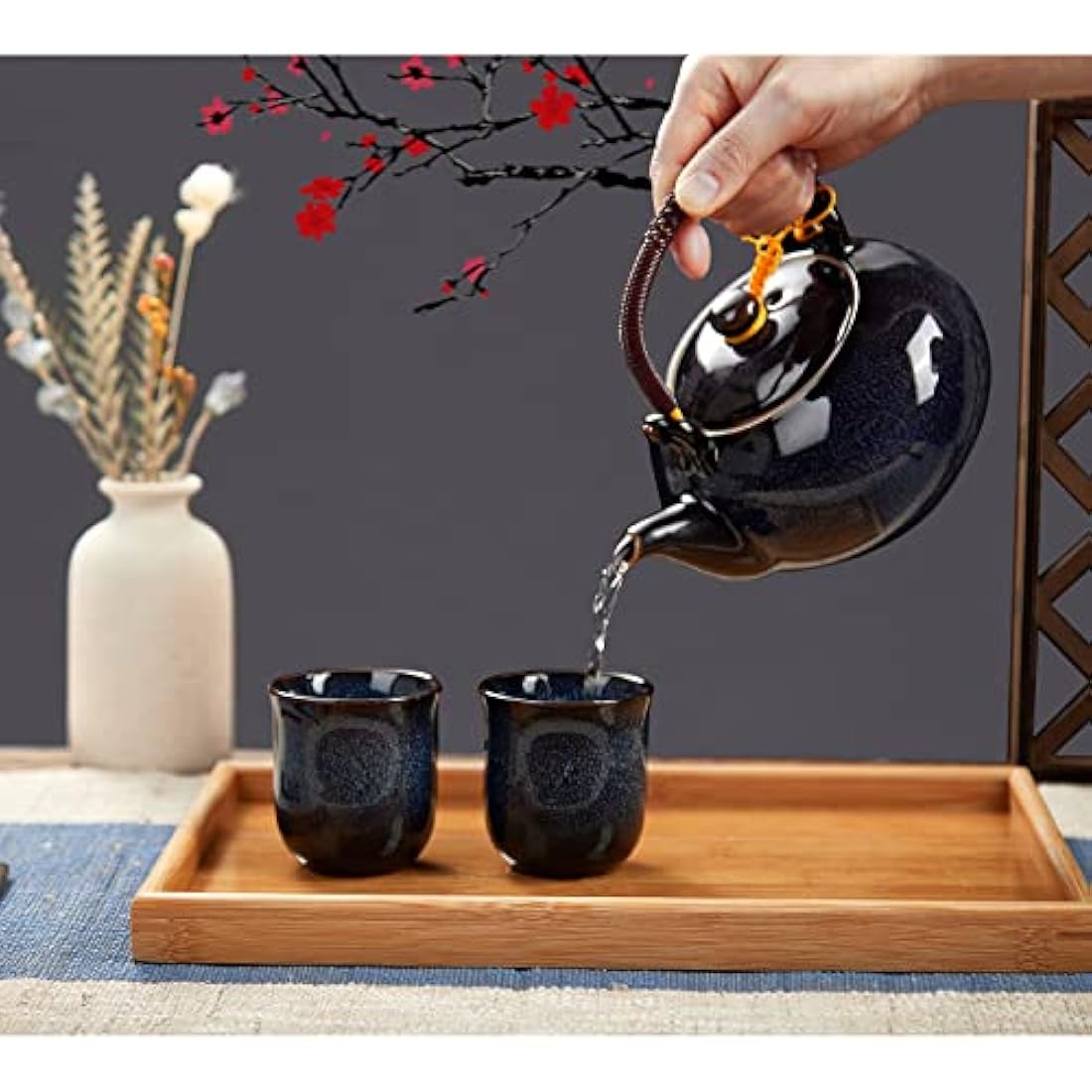 DUJUST Japanese Porcelain Tea Set - Kiln Glaze Teapot & 6 Cups with Tray