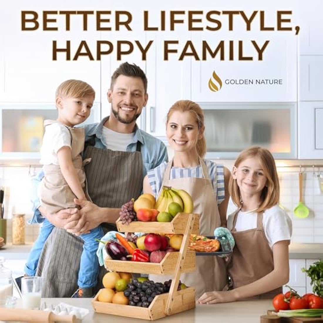 Golden Nature 3-Tier Bamboo Fruit Basket – Kitchen Countertop Organizer