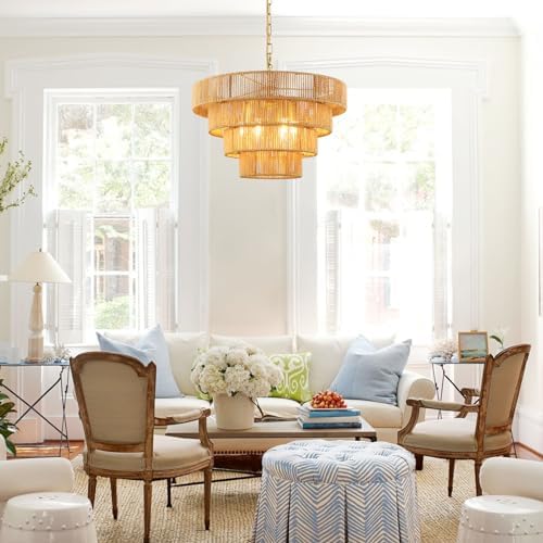 50cm Boho Rattan Pendant Light – 6-Light Brass Ceiling Shade