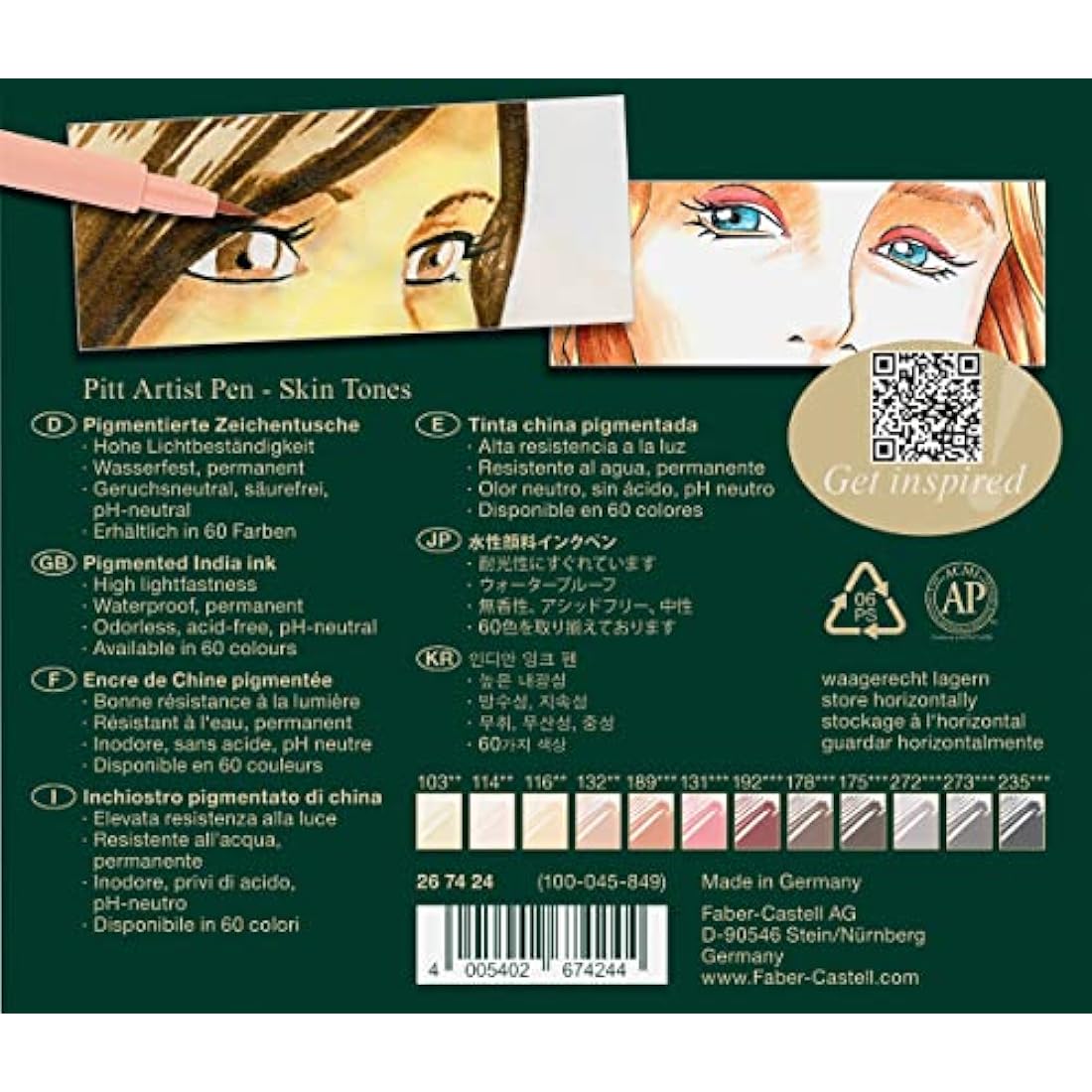Faber-Castell Pitt Artist Pen Brush - India Ink Portrait Set of 12