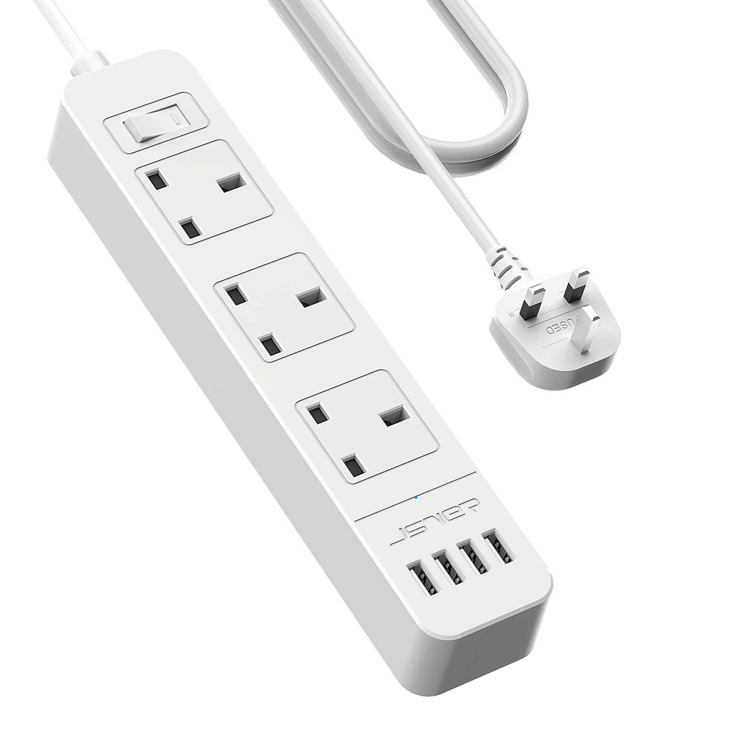 JSVER Extension Lead with 3 Outlets and 4 USB Ports, 3M Cable – White