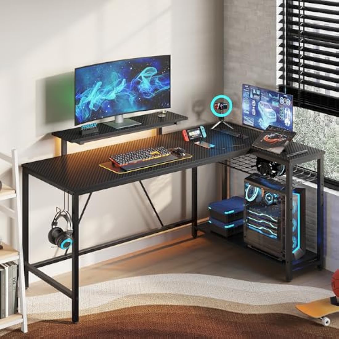 Jolof Store L-Shaped Gaming Desk with RGB Lights and Power Outlets