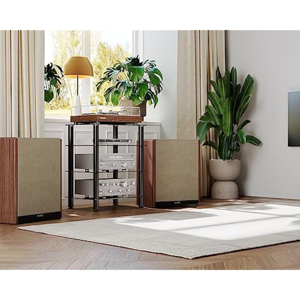 FITUEYES 4-Tier HiFi Rack | Black Tempered Glass AV Media Stand